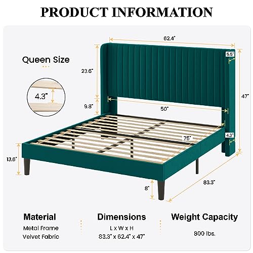 Image of SHA CERLIN Queen Size Velvet Bed Frame, Tufted Wingback Headboard, Teal | 47'' Modern Vertical Channel Headboard, Upholstered Platform Bed, Wood Slats, No Box Spring Needed, Easy Assembly, Noise Free