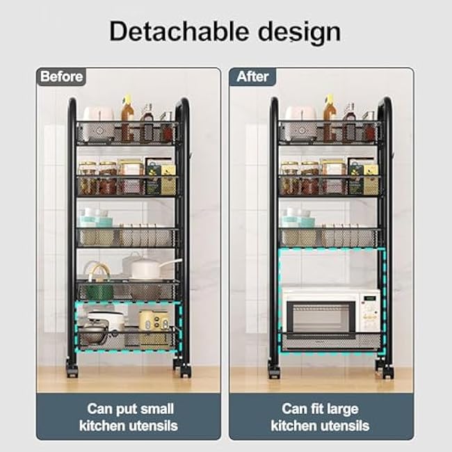 Fruit Basket for Kitchen,5 Tier Fruit and Vegetable Storage Basket Cart,Stackable Metal Mesh Rolling Storage Trolley Cart,Slim Storage Organizer Stand on Wheel for Kitchen (Black)-RI0EJDKV