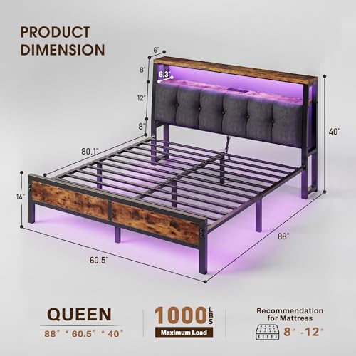 Image of Homkdom Queen Bed Frame with Charging Station and 12 inch Under-Bed Storage | Charging Station,LED Linghts,Upholstered Storage Headboard,Noise-Free,No-Sliding,Support,Vintage Brown
