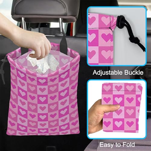 Image of Car Trash Bag Hanging Pink Love Car Trash Can Waterproof Garbage Bag Hanging for Car Back Seat with Adjustable Straps and Drawstring for Car Accessories Vehicle Travelling