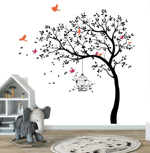 Image of Rawpockets Tree with Birds and Cage(PVC Vinyl) Self Adhesive WallSticker (Black)