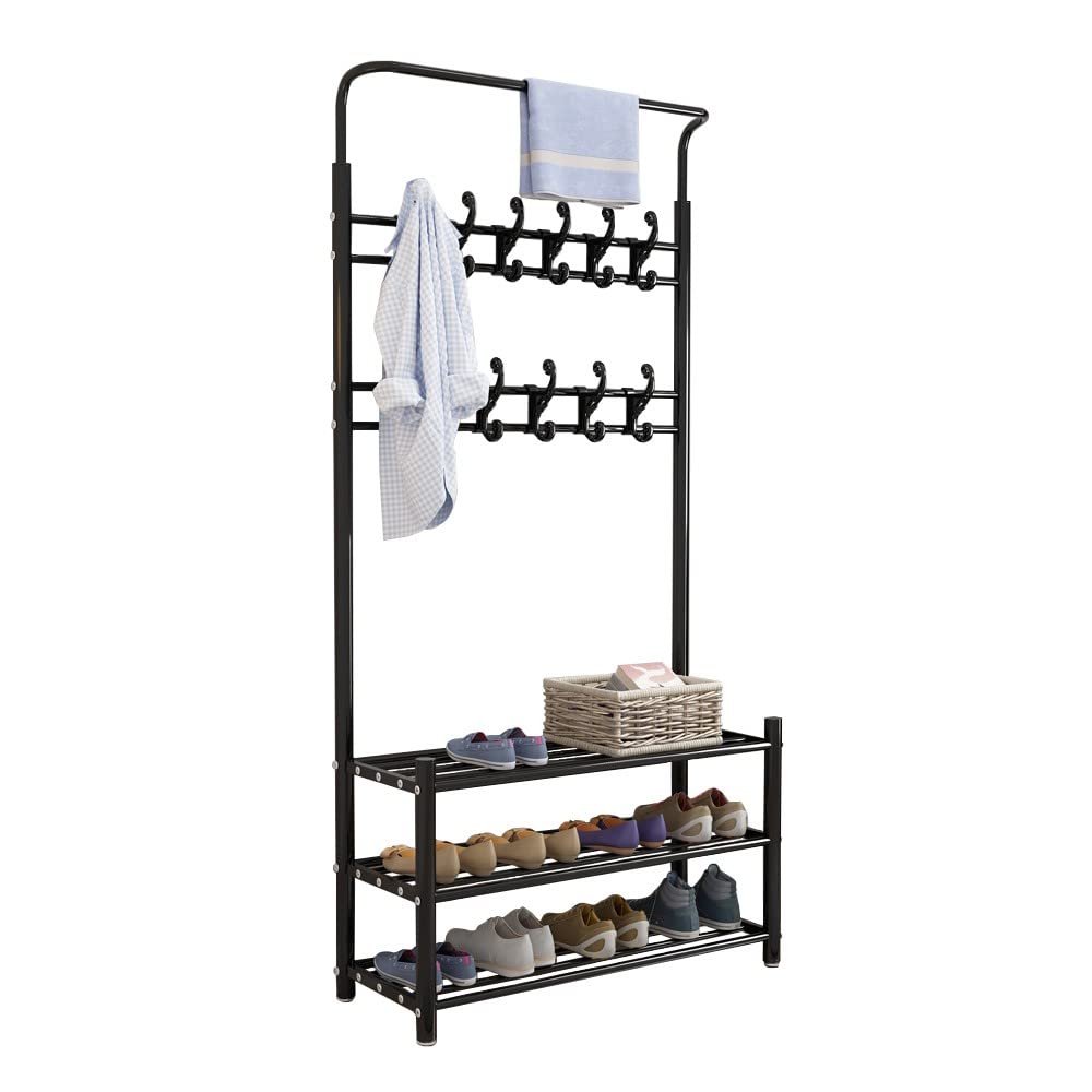 MYUYEE 4-In-1 Entryway Hall Tree, Coat Rack With Shoe Bench, Freestanding Coat Stand With 2-Tier Shoe Rack And 10 Hooks For Entryway Hallway, Shoe Storage For 6-8 Pairs