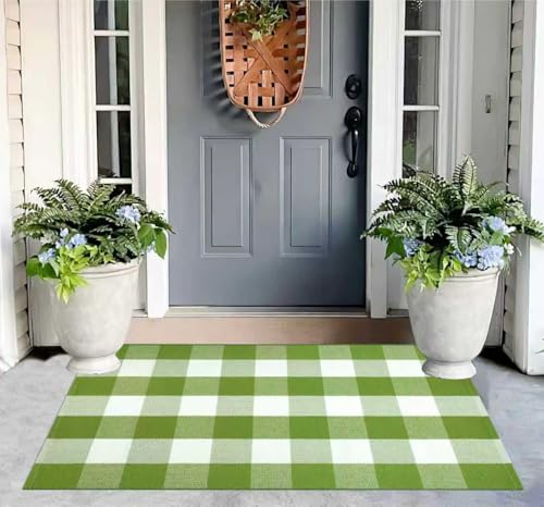 Green and White Outdoor Rug 27.5''X 43.3'' Buffalo Checked Porch