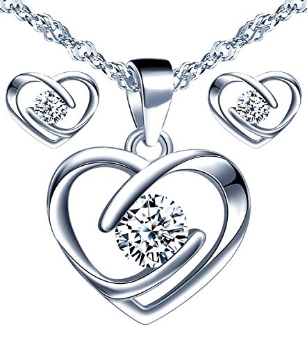 Yumilok Schmuckset Damen Halskette Ohrringe Kette Set 925 Sterling Silber Herz Zirkonia Geschenk für Mama Frau Freundin