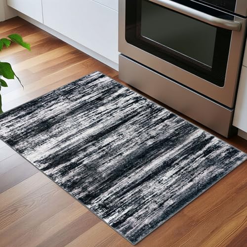 KOZYFLY Modern Abstract Small Area Rugs, 2x3 Washable Kitchen Rug Non-Slip Soft Small Bathroom Rug, Black Navy Blue Grey Striped Entryway Rugs Faux Wool Doormat for Bedside Entrance Bedroom Sink