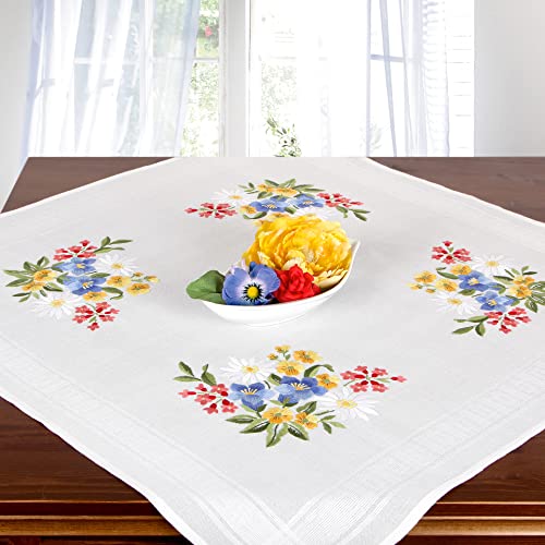 Kit broderie nappe pré-imprimée fleurs avec fil à broder et instructions