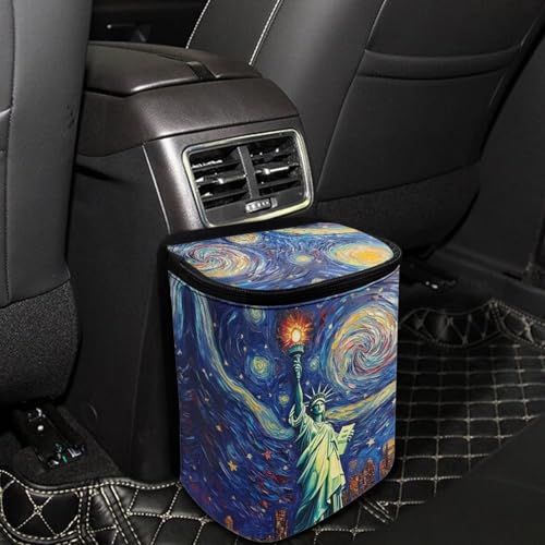 Image of Statue of Liberty Print Car Accessories Back Seat Multipurpose Car Trash Can with Lid, Leak Proof Waterproof Hanging Car Garbage Can for Road Trip Travel