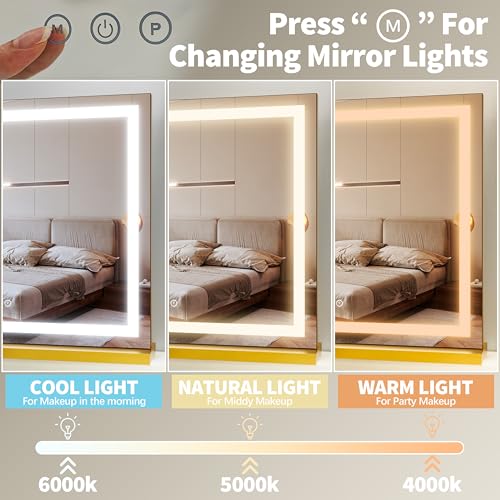 FENNIO 23" x 18" Vanity Mirror with Lights,LED Makeup Mirror,Hollywood Mirror with 3 Color Modes & Adjustable Brightness,Vanity Mirror Square Gold