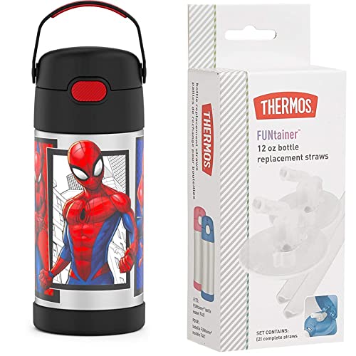 THERMOS FUNTAINER 12 Ounce Stainless Steel Vacuum Insulated Kids Straw Bottle, Spider-Man & Thermos Replacement Straws for 12 Ounce Funtainer Bottle, Clear, 1 Pack