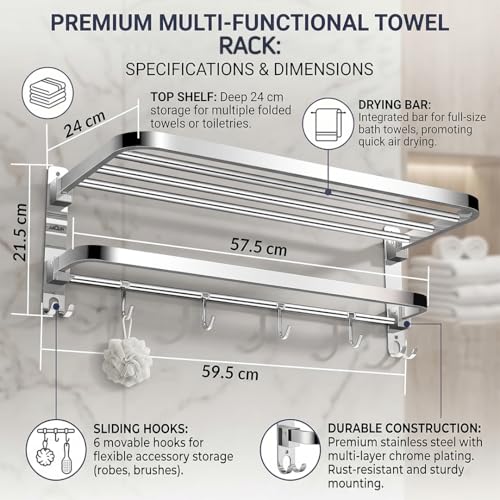 Image of ARQUIN Dual Folding Towel Rack for Bathroom | 304 Grade Stainless Steel Towel Stand for Bathroom | 24 Inch Wall Mounted Dual Folding Towel Holder Shelf | Cloth Hanger for Bathroom Chrome