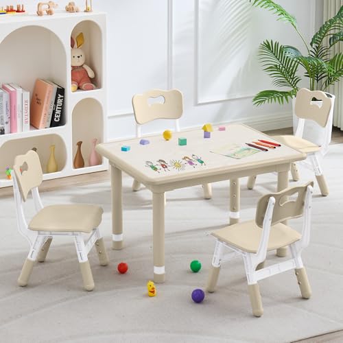 DOREROOM Juego de mesa y 4 sillas para niños, altura ajustable (17.7-26.1 pulgadas), juego de mesa y sillas para niños pequeños, mesa multiactividad con escritorio de graffiti, mesa y sillas para