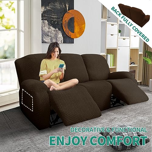 Image of YEMYHOM 8 Pieces Stretch Recliner Sofa Cover Jacquard Reclining Couch Cover with Side Pocket Anti-Slip Fitted 3 Cushion Furniture Slipcovers with Elastic Bottom (Sofa Recliner, Dark Coffee)