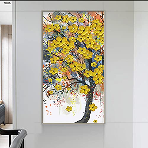Peinture fleurs et arbre de vie doré fait main sur toile 60 x 120 cm