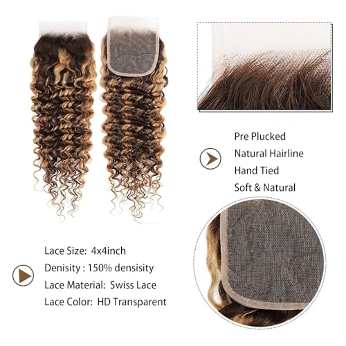 Tealoves Deep Wave Bundles With Closure(14 16 18 20+14Inch),10A Brown Highlight Bundles Human Hair With Closure 4/27 Blonde Brown Deep Curly Wave Bundles Hair With Lace Closure thumb #1