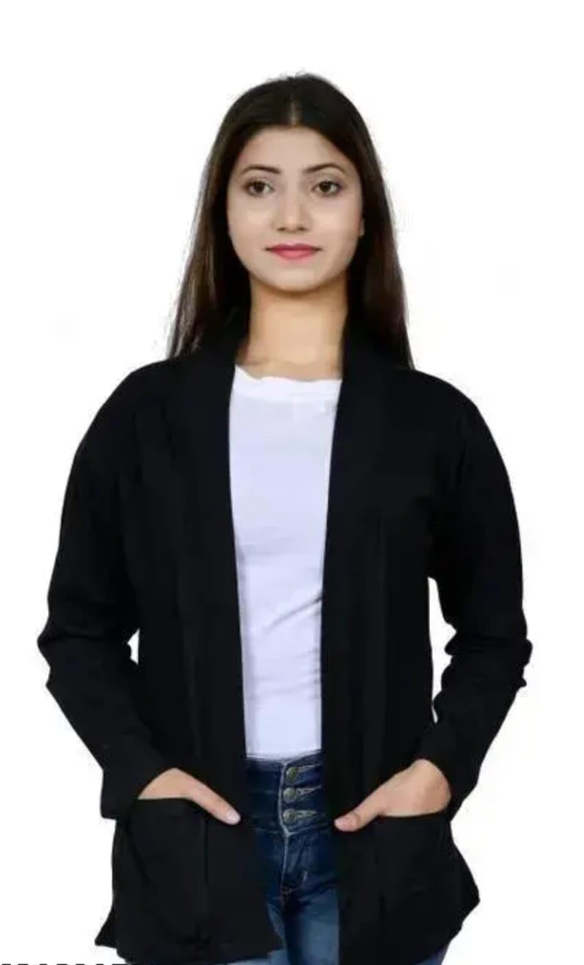Women's Black Open Front Shrug, Long Sleeve Casual Cardigan with Pockets-picture-19