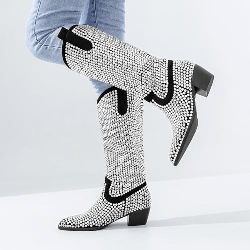 Image of ADAMUMU Womens Wide Calf Cowboy Boots Classic Western-Style Cowboys Boots for Women Pointed Toe Womens Cowgirl Boots with Chunky Heel Non-Slip Sole for Adding Timeless Elegance to Your Wardrobe
