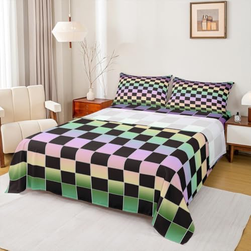 Image of Erosebridal Black Checkered Sheet Set Full Rainbow Ombre Plaid Bed Sheets Colorful Geometric Checkerboard Bedding for Kids Boys Girls,Aesthetic Grids Bed Sheets Set 4 Piece