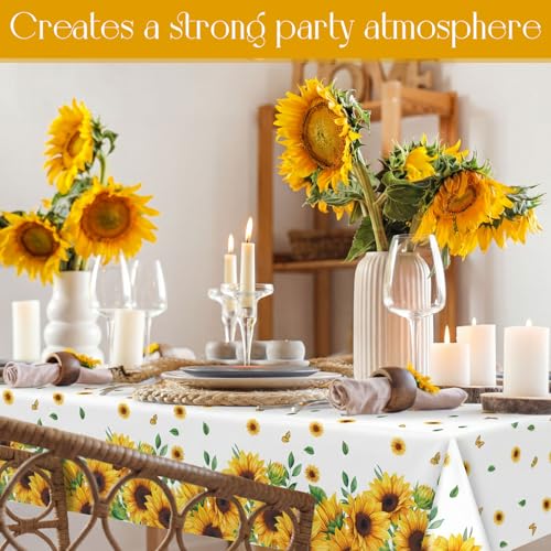 Image of Ganeen 3 Pcs Sunflower Tablecloths Disposable Plastic Yellow Floral Party Table Cloth Waterproof Rectangle Table Cover for Indoor Outdoor Birthday Baby Shower Sunflower Party Decoration, 54 x 108 Inch