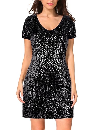 Image of MANER Women's Sequin Glitter Short Sleeve Dress Sexy V Neck Mini Party Club Bodycon Dresses