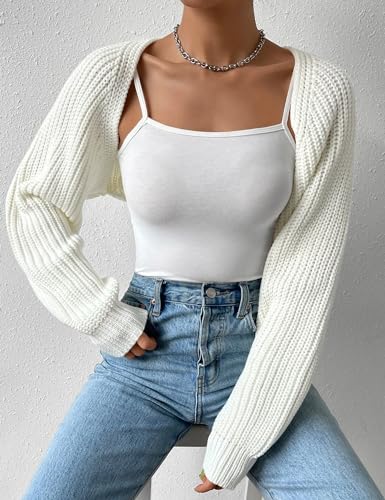 Image of Women's Long Sleeve Open Front Knitted Crop Cardigan Drop Shoulder Knit Bolero Shrug Sweater