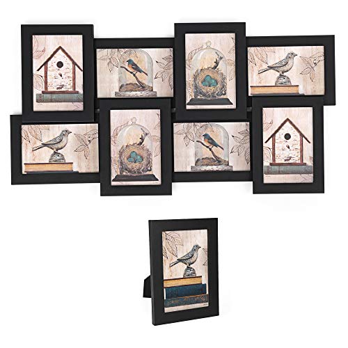 SONGMICS Picture Frames Collage for 8 Photos in 4 x 6 and 1 Single Frame Display Wood Grain Glass Front Black URPF08B