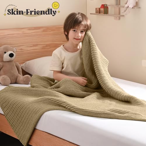 Guohaoi Knitted Weighted Blanket Kids (Beige 50"x60" 7lbs) No Beads Cooling Heavy Blanket, Home Decor Breathable Chunky Knit Throw Blanket for All-Season Use