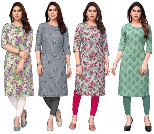 Image of JAKHANA Women's Crepe Printed Casual Straight Calf Length Round Nick Kurta Pack of 4