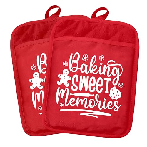 Fyecoluo Baking Sweet Memories Christmas Pot Holders 2 Pack Set, Gifts for Baking Lovers, Holiday Christmas Baker Heat Resistant Oven Hot Pads for Kitchen Countertop