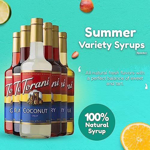 Summer Variety Syrup - Lemon, Lime, Coconut, Blue Raspberry, Watermelon & Tangerine Syrups For Italian Soda Flavor- 6 Pack #TOP6