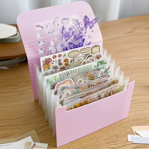 Sticker Storage Organizer with 7 Expandable Pockets Multi-Layer Desktop Sticker Binder for Scrapbook Essentials and Journal Organizer Large Capacity for Thick Sticker Album Washi Tape(Light Purple)