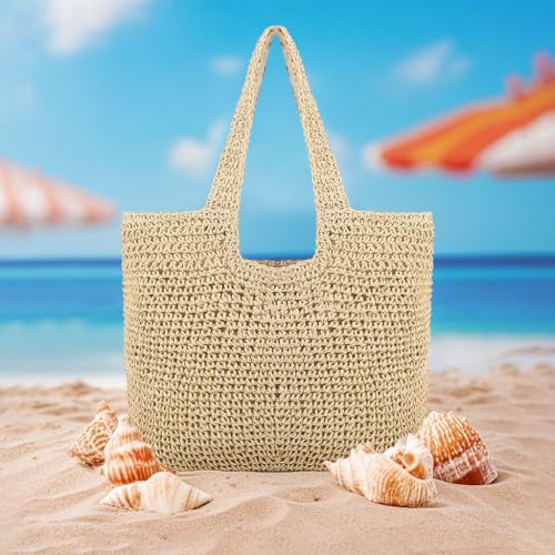Image of Naimo Women Straw Beach Shoulder Bag Woven Tote Handbag Large Handmade Weaving Summer Casual Hobo Bag