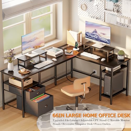 Image of Furologee 66 inch L Shaped Desk with Power Outlet, Reversible Computer Gaming Desk with File Drawer & 2 Monitor Stands for Home Office with Storage Shelves, Black