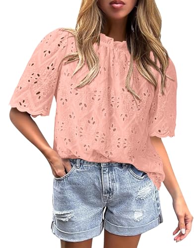 BETTE BOUTIK Womens Lace Tops 2025 Trendy Long Short Sleeve Eyelet Embroidered Dressy Casual Blouse Shirts
