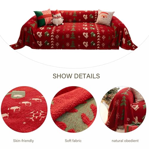 Housse de canapé de Noël en chenille douce premium rouge à pompons - 8
