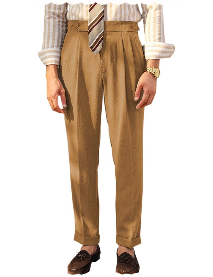 Vintage Men's Linen Casual Pants Relaxed Fit Spring Cotton Trousers with Adjustable Waistband