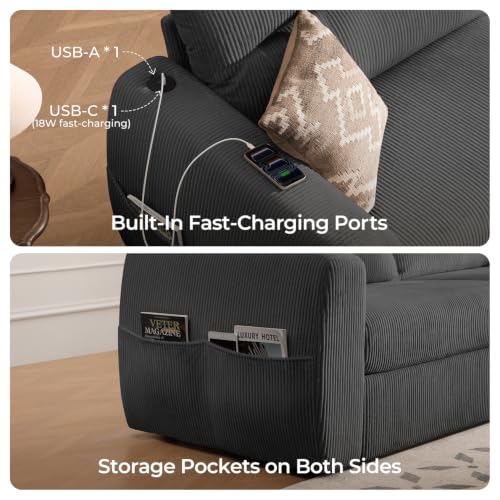 Image of 88.6 inch Modern Storage Loveseat Sofa, Small Couches for Living Room, Grey | Corduroy, USB Charging, Pull-Out Storage, Deep Seat, Comfy Love Seat for Small Spaces, Apartment, Bedroom, Dorm, Office