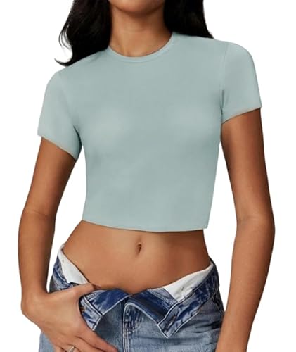 Weardear Damen T-Shirt Atmungsaktiv Crop Top Kurzarm Shirt Workout Tops Slim Fit Funktionsshirt Elastisch Basic Sportshirt Fitness Laufshirt Grau Blau...