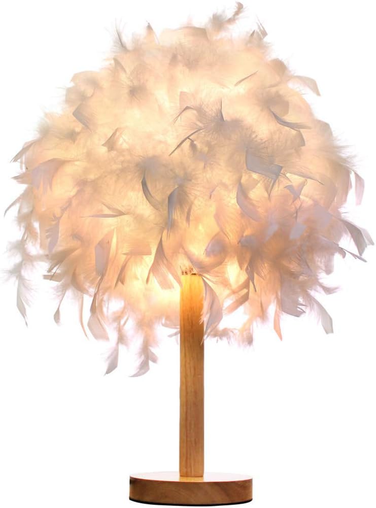 White Feather Bedside Table Lamp Vintage Deco Desk Light with Wood Base 13 Inch Bedside Reading Lamp for Bedrooms Living Room Nightstand