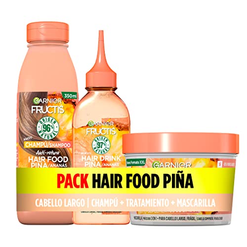 Garnier Fructis Pack Champú + Tratamiento Hair Drink + Mascarilla para Pelo Largo y Frágil, con Piña Anti-Rotura, Limpia, Desenreda y Nutre, Set de 3 Productos