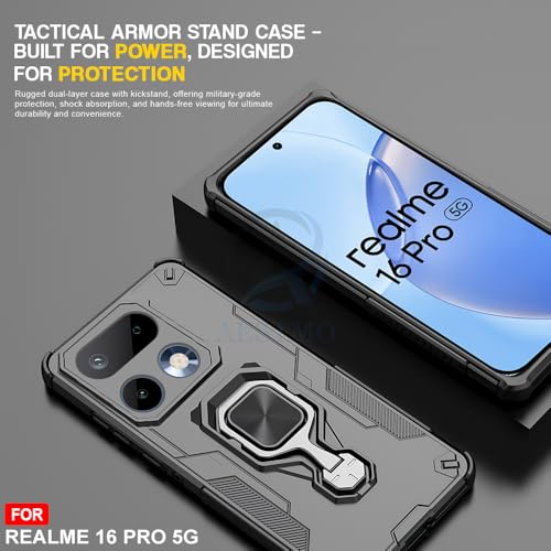 Image of AESTMO Armor Back Cover for Realme 16 Pro 5G | Ring Holder & Kickstand & Camera Protection in-Built | 360 Degree Protection Back Case Cover for Realme 16 Pro 5G (Black)