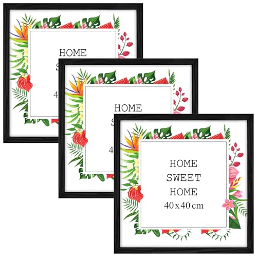 MG Design Lot de 3 Cadres Photo 40 x 40 cm en Bois Massif – Noir, avec Verre Acrylique – à Suspendre ou à Poser, Orientation Verticale ou Horizontale –...