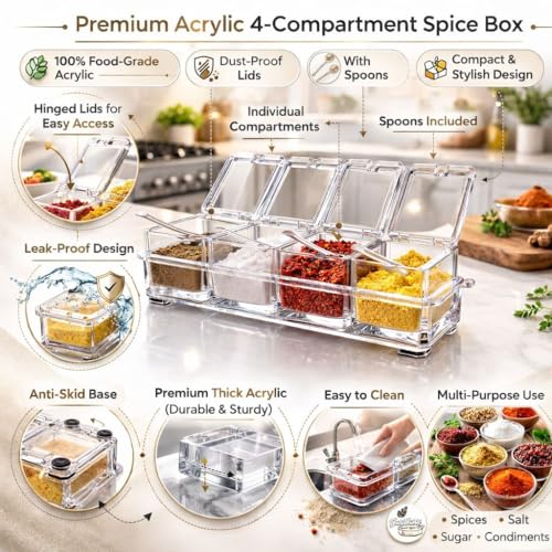 Image of Dimitra Acrylic Home Kitchen 4 Grid Acrylic Seasoning Mukhwas Rasoi Dry Fruit Easy Flow Spice Box Kit With Spoon-Kitchen Masala Storage Box Container Seasoning Organizers Jars (Transparent)