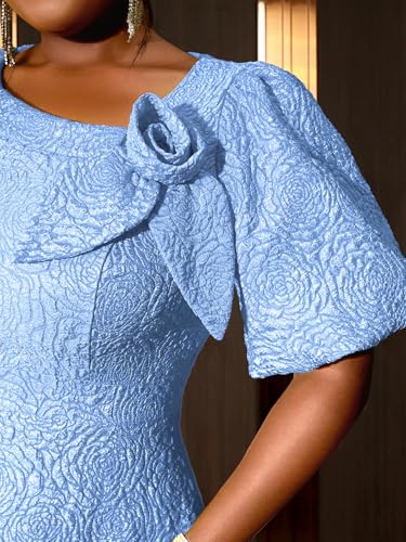 Image of AOMEI Women's Irregular Neck with Flower Short Puff Sleeve High Waist A-Line Jacquard Dress