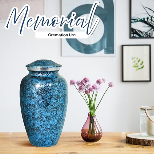 Image of ALPHA Living HOME Cremation Urn for Human Ashes Adult - Handcrafted Aluminum Memorial Funeral Urn with Marble Finish, Decorative Burial Urn with Secure Screw Lid (Blue)