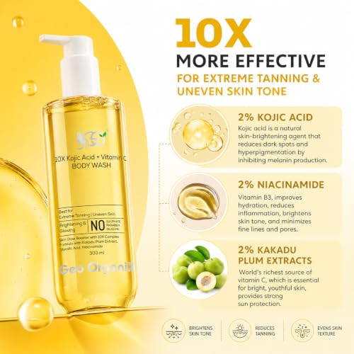 Image of 10X Kojic Acid Body Wash with Vitamin C, Glycolic Acid, Niacinamide & Kakadu Plum Extract | Brightening Body Cleanser for Tan Removal, Dark Spots | Paraben Free | Men & Women | 300ml