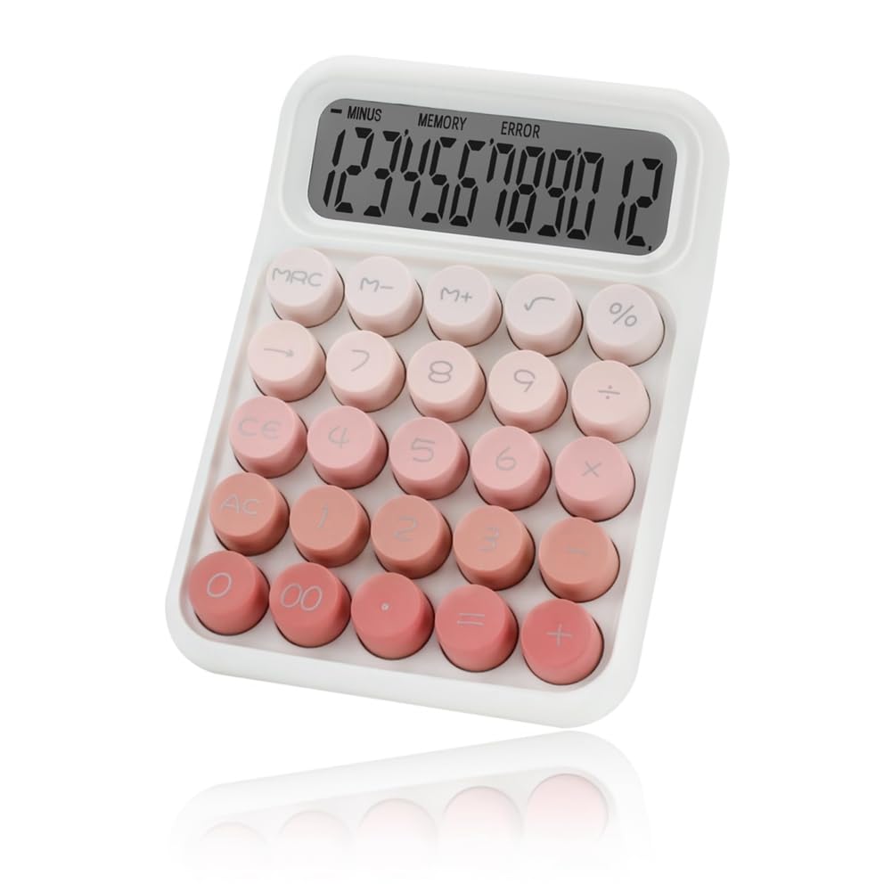 Vkyipg Desktop Mechanical Calculator, Cute Big Buttons Calculators with 12 Digits Large LCD Display, Desk Accessories,Pink