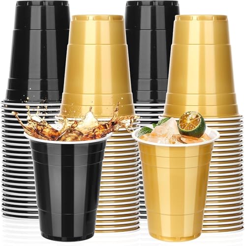 KesaPlan 50PCS 16 oz Plastic Cups Graduation Cups Black and Gold Disposable Party Cup Bulk for Party Graduation Wedding Birthday Halloween Family Gatherings and Festive Celebrations