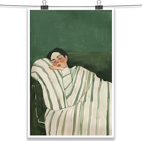 Miniatura 2 de Contemporary Woman Lying on Couch Wall Art Eclectic Emerald Green Posters Minimalist Stripe Decor Modern People Canvas Prints Boho Feminist