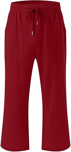 Miniatura 3 de SMIDOW Pantalones capri para mujer, estilo casual 2025, con cordón elástico, cintura alta, pantalones de lino rectos, pierna ancha, pantalones