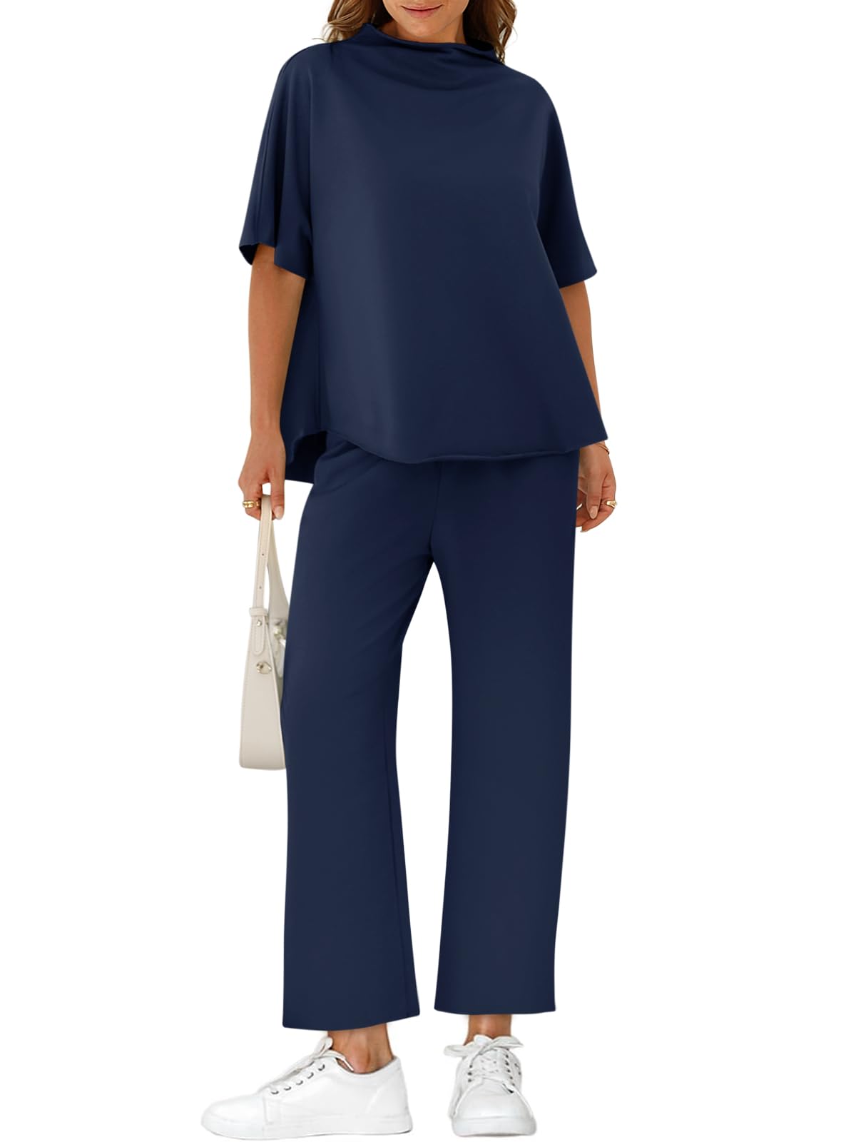 Yousify Women's Oversized Lounge Set 3/4 Batwing Sleeve Crew Neck Pullover Top Wide Leg Pants Two Piece Outfits Dark Blue Large